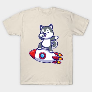 Cute Husky Dog Dabbing On Rocket Cartoon T-Shirt